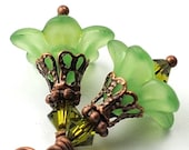 Bead Jewelry. Green Flower Earrings with Swarovski Crystals and Antiqued Copper. Costa Rica in Peridot Green