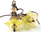 Dangle Earrings Mothers Day Jewelry - Yellow Flower Earrings with Swarovski Crystals and Antiqued Copper - Costa Rica in Yellow