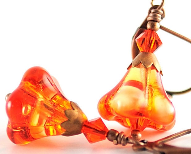 Glass Bead Earrings. Fire Opal Czech Glass Flower Earrings with Swarovski Crystals and Antiqued Copper. Belgium Earrings in Fire Opal
