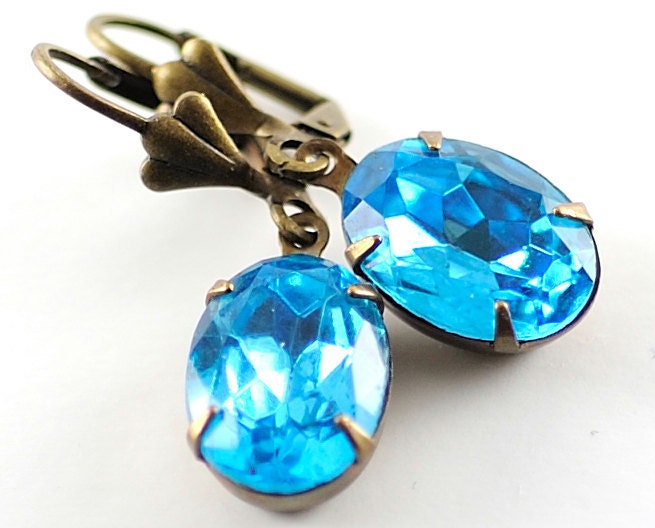 Aqua Earrings March Birthstone Earrings - Petite Aqua Blue Vintage Jewel Earrings - Sweden Earrings in Petite Oval Aqua
