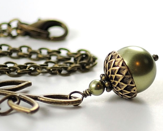 Acorn Necklace with a Branch. Glass Necklace in Light Green . Moss Green . Swarovski Pearl Acorn Necklace in Antiqued Brass. Woodland.