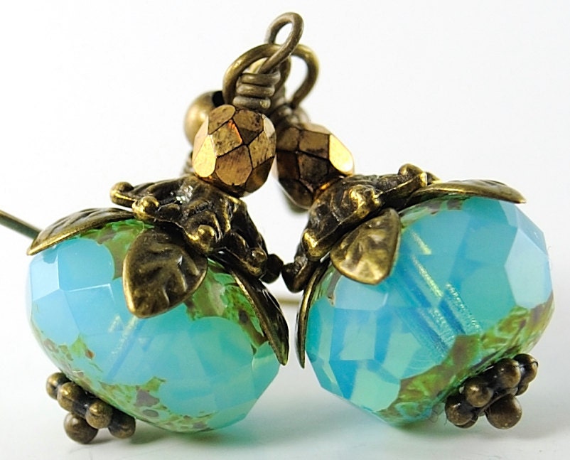 Glass Bead Earrings. Opal Blue Stone Earrings in Antiqued Brass. Denmark Earrings in Opal Blue Stone