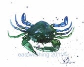 CRAB PRINT, blue green decor, watercolor crab, for the sailor