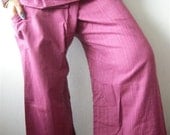 StripeD Medium Violet Red  CoTToN THAI Fisherman Wrap Pants PERFECT for All SIZE