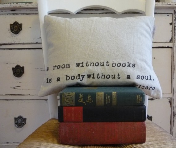 Library Book Read Modern Throw Pillow Cover Cotton Fabric Accent- Made to Order- Pillow Insert Not Included