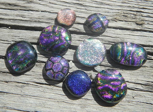 Nine Dichroic Fused Glass Cabochons - Purple Rain