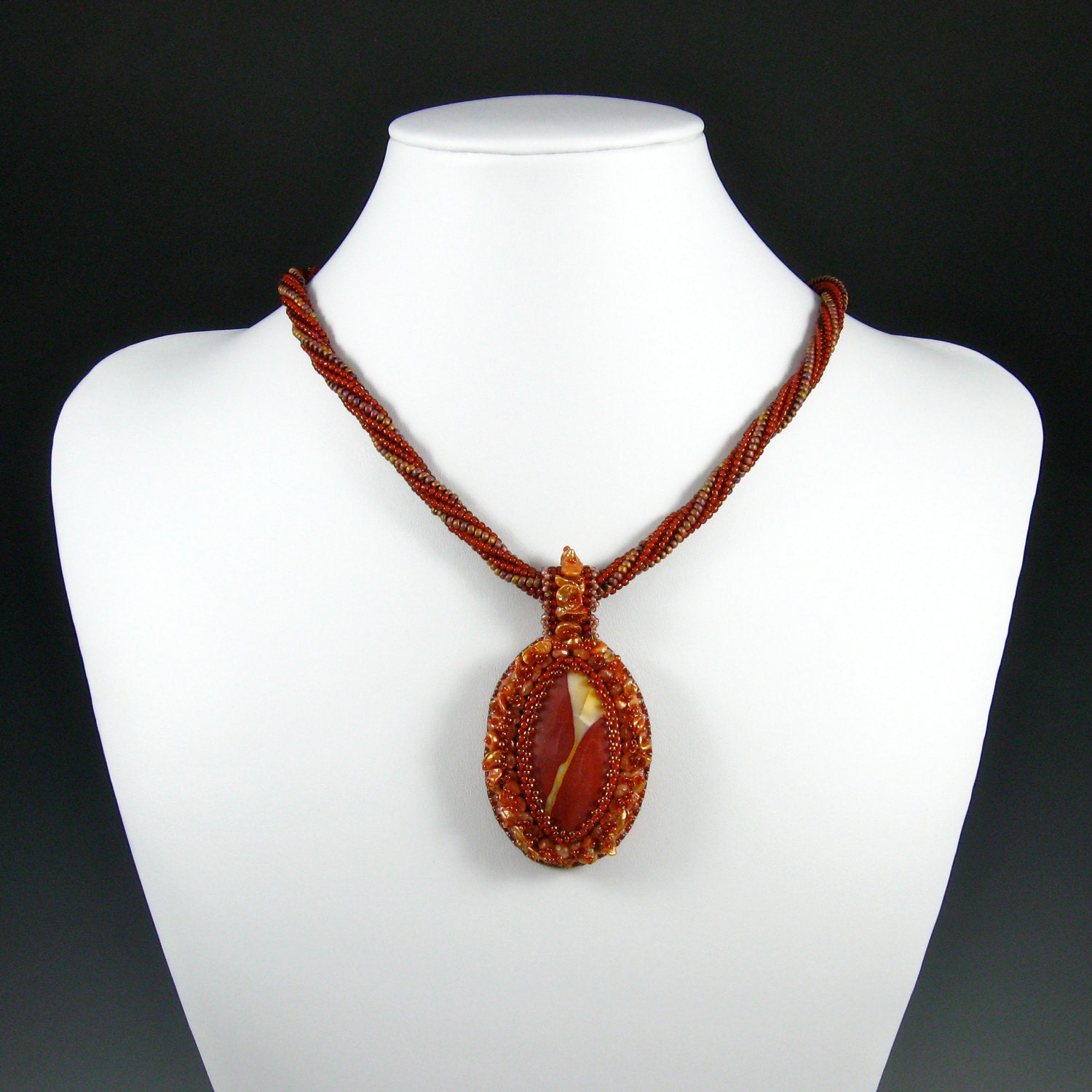 Moukite Pendant Necklace, Bead Embroidery, Beadweaving