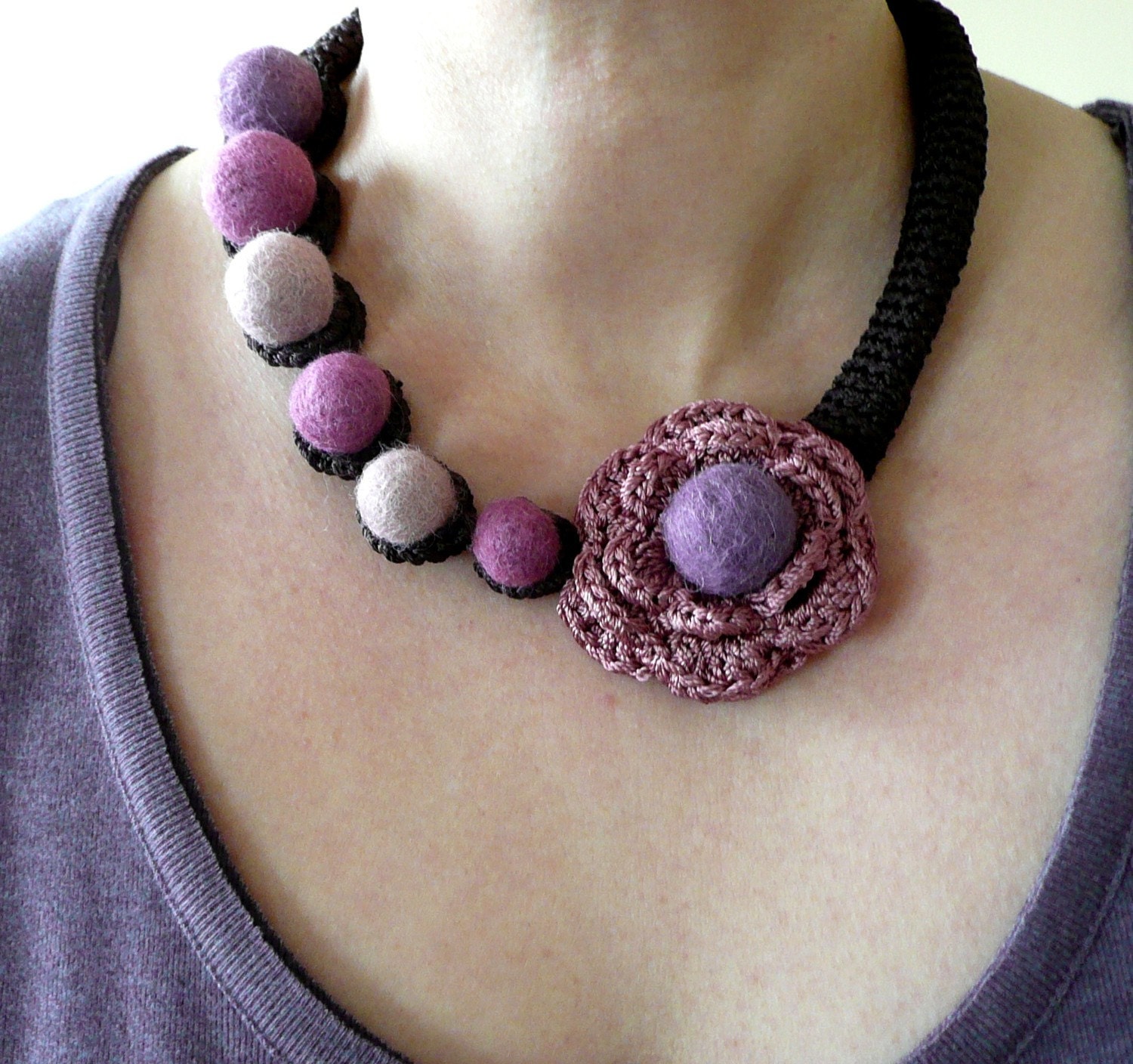 Purple pink brown necklace with flower - crochet and felted wool- handmade Birthday summer autumn custom color gift for her Mom Mum