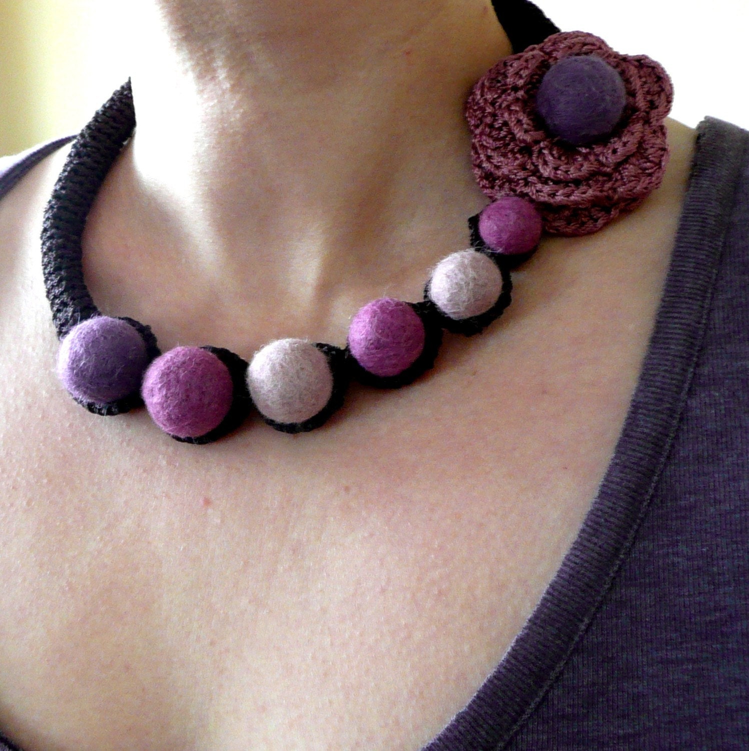 Purple pink brown necklace with flower - crochet and felted wool- handmade Birthday summer autumn custom color gift for her Mom Mum