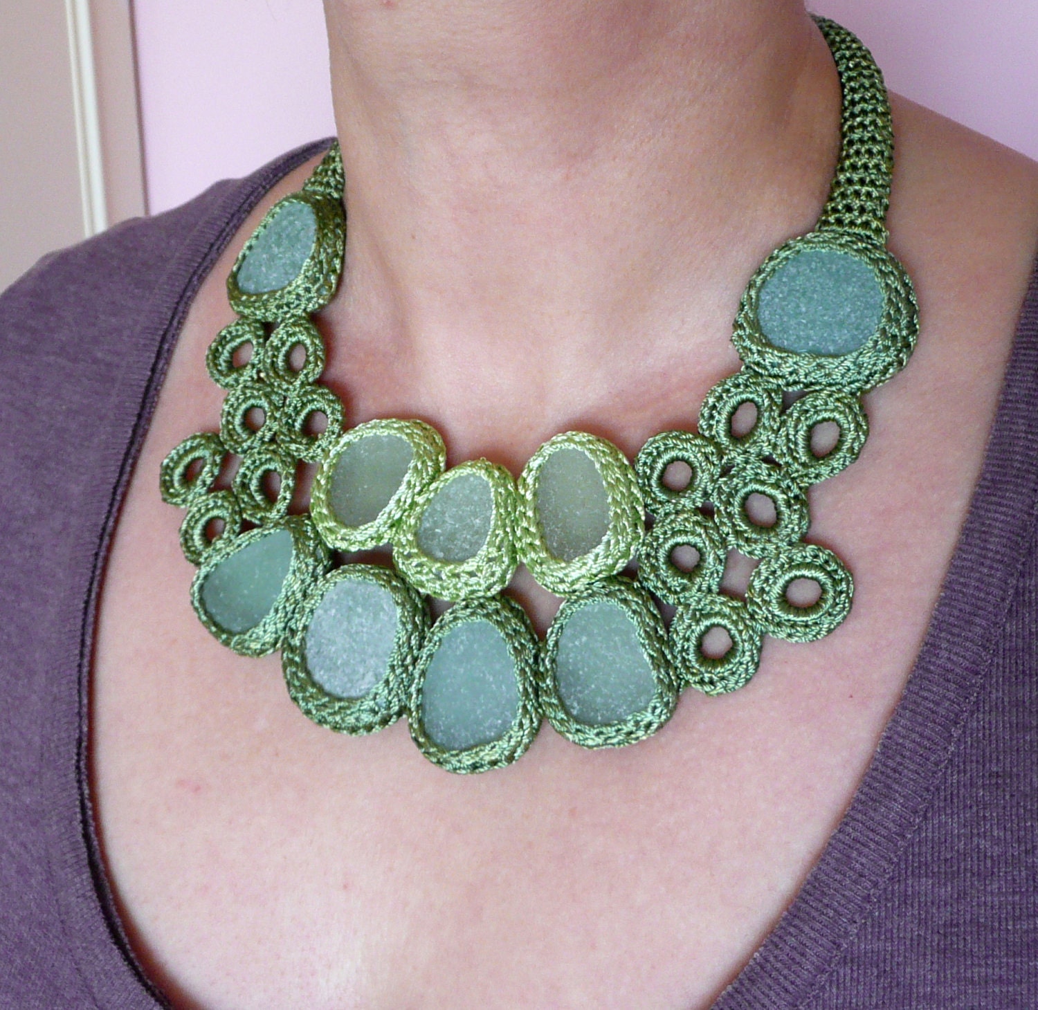 Green seaglass bib necklace with 9 sea glass statement prom collar crochet OOAK handmade Birthday spring gift for her Valentine Easter