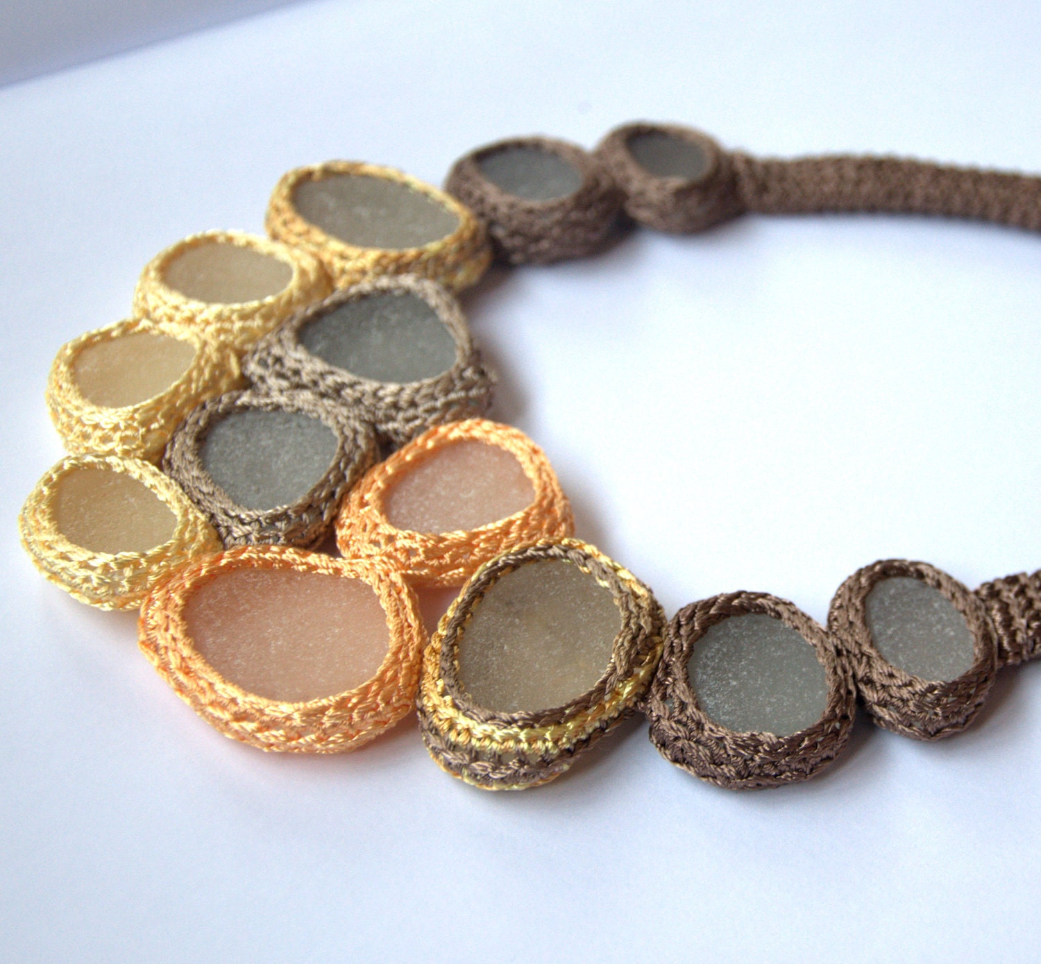 Spring necklace with 13 sea glass - orange yellow beige brown - Genuine English OOAK handmade Valentine Bithday Easter gift for her Mom Mum