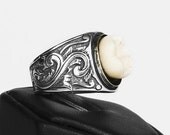 LOVED TO DEATH Genuine Human Tooth Sterling Ring Memento Mori Gothic Victorian Scroll Work Detailing Size 7 or 8