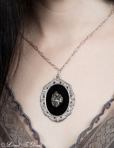 LOVED TO DEATH Taxidermy Memento Mori Couture Jewelry Sterling Silver Cameo With Black Squirrel Heart Necklace