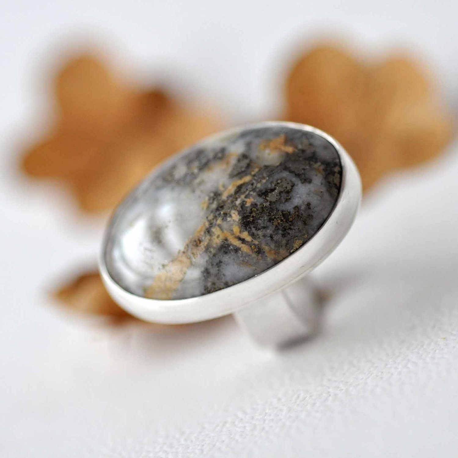 Ring - Feder pyrite cabochon - Sterling silver - size 6 - ooak