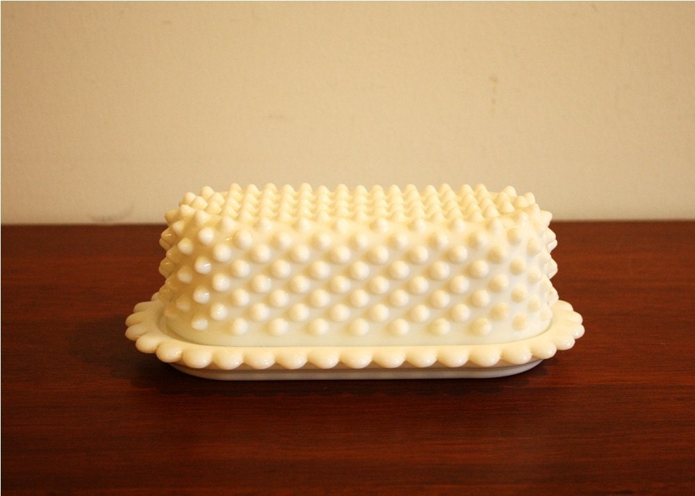 Vintage hobnail milk glass butter dish with by highstreetmarket