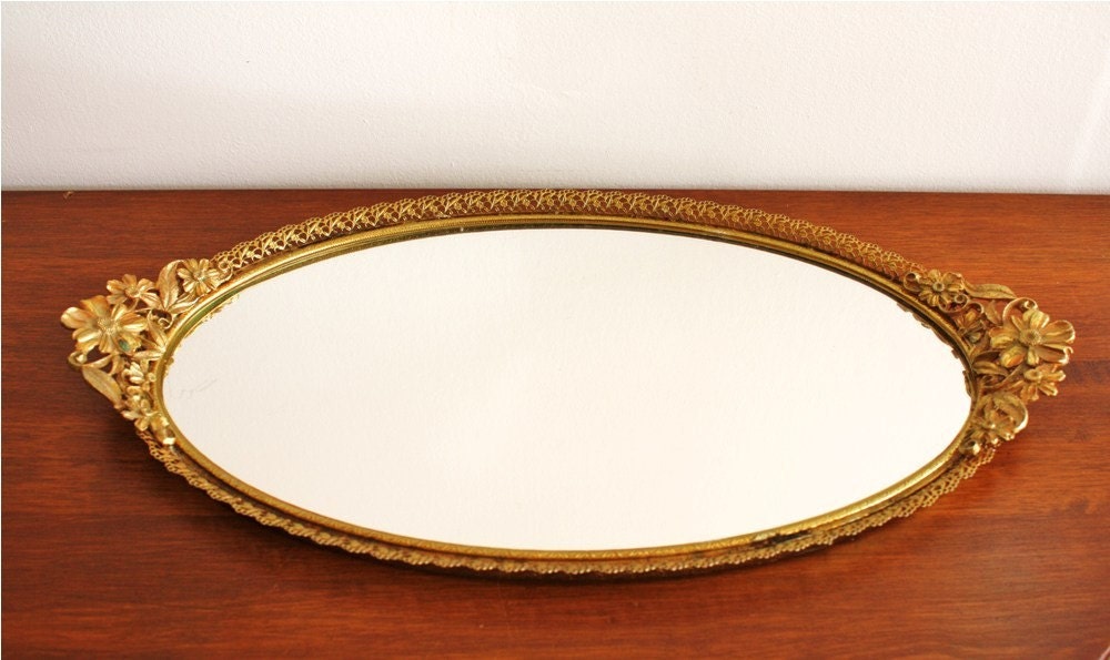Antique mirror vanity tray with gold frame by highstreetmarket