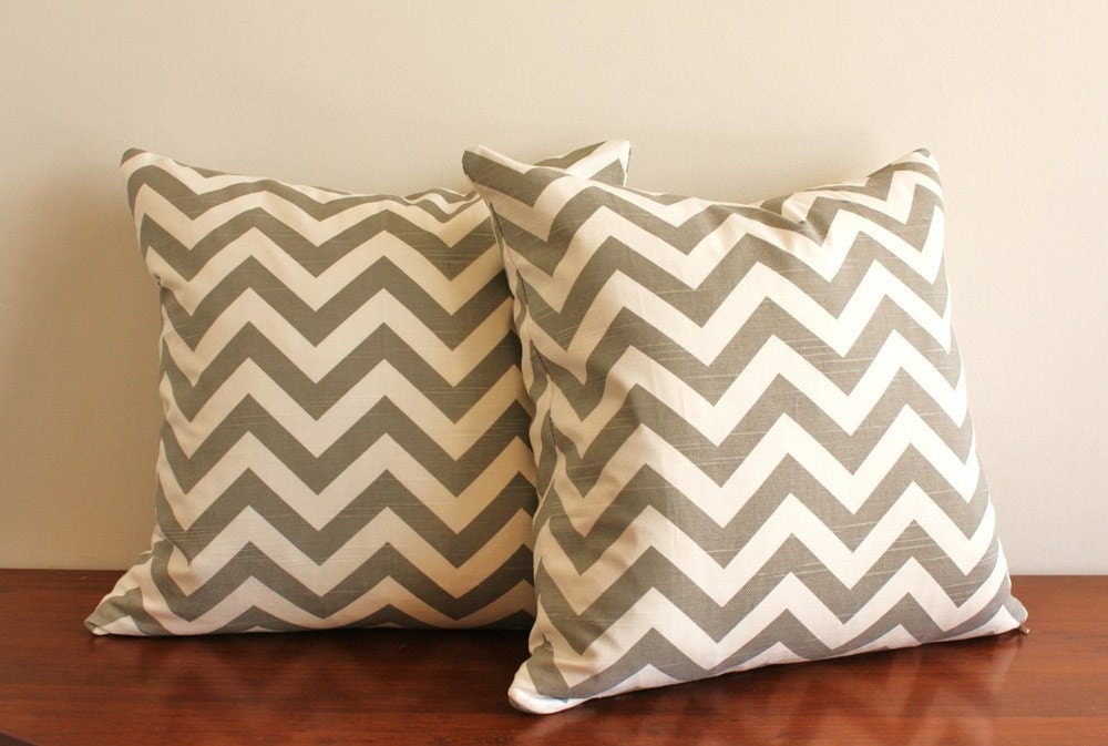 Custom made Zig Zag throw pillow 18 x 18 with down insert, grey and white
