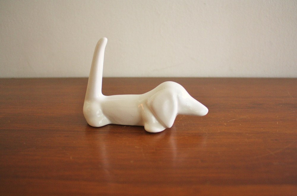 Vintage white ceramic daschund ring holder