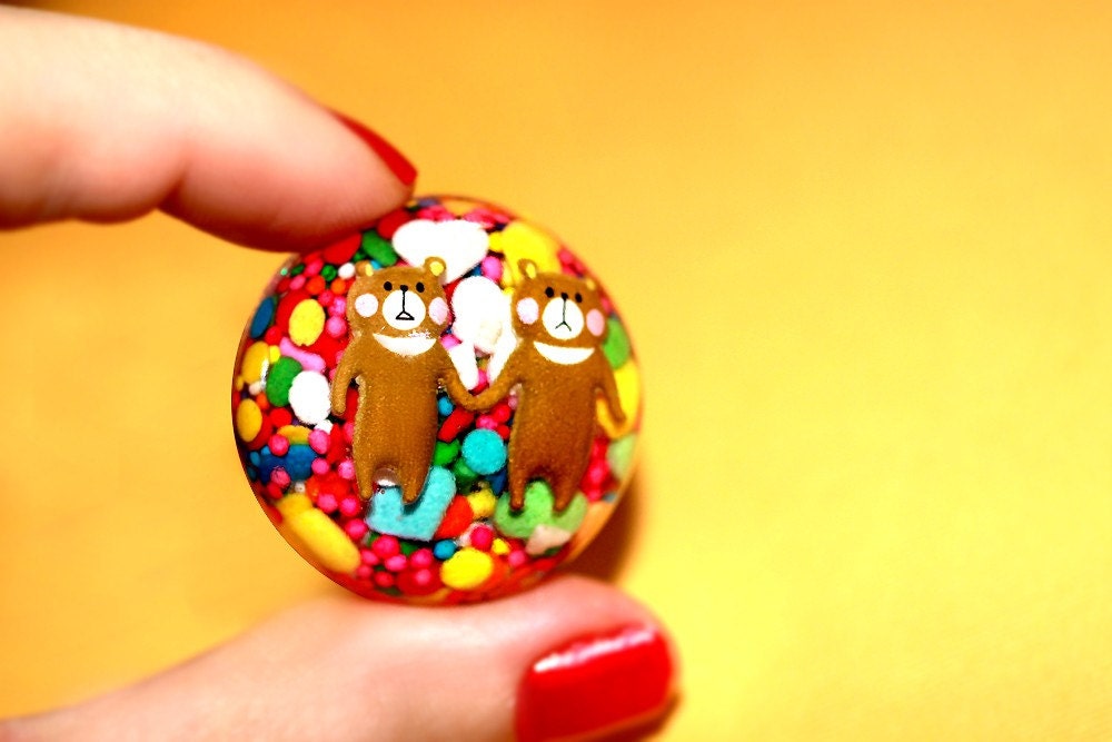 Teddy Bears and Rainbow Candy Giant Adjustable Resin Dome Ring Handmade by isewcute