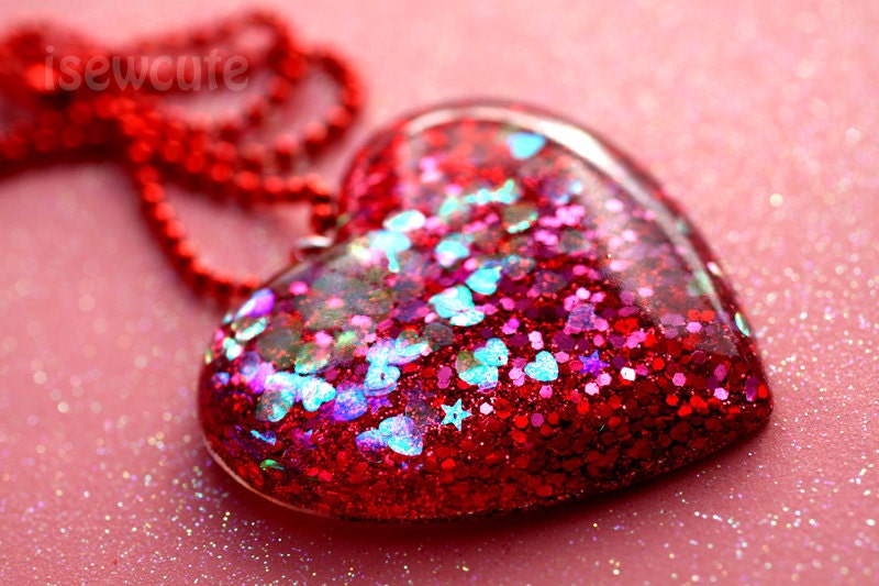 Glitter necklace, resin jewelry, big red glitter heart pendant necklace full of little hearts, love necklace handcrafted by isewcute