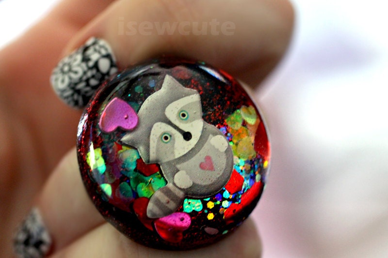 Harajuku Fashion Fun Kawaii Adjustable Raccoon Wildlife Love Glittery Resin Dome Ring - One of a Kind by isewcute