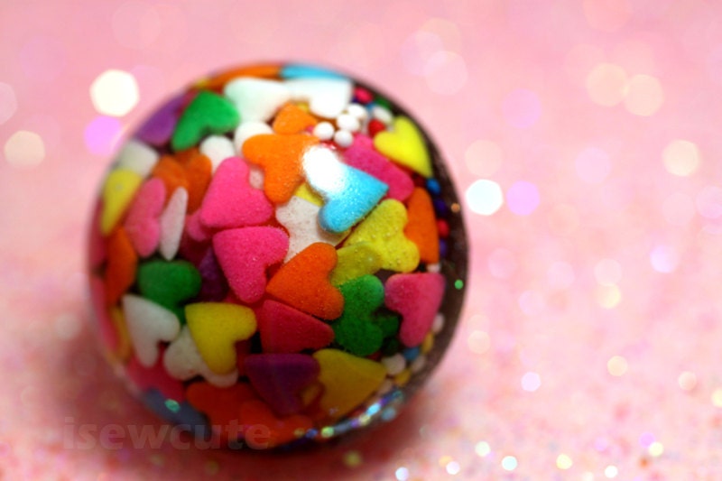 Jewelry, resin sprinkles ring, big love hearts rainbow candy sprinkles, kawaii Harajuku glam style handcrafted big bling by isewcute