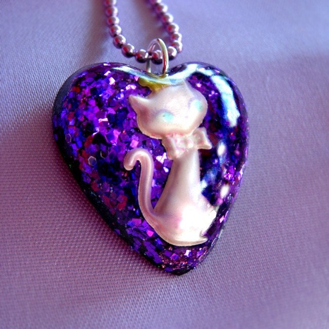 SALE Sweet Princess Kitty Necklace... purrfectly purple resin glitter heart pendant necklace ...by isewcute