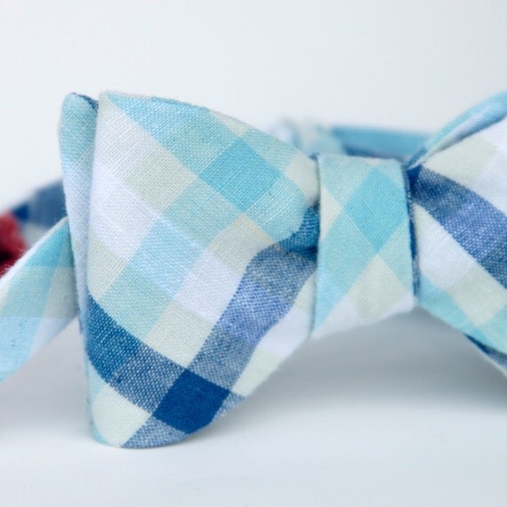 mens blue, white, and oatmeal bow tie