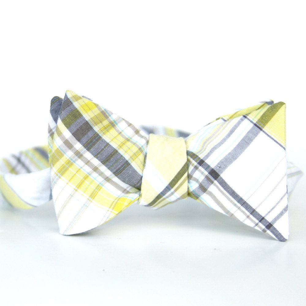 black friday/cyber monday sale-yellow and grey plaid freestyle bow tie