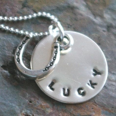 Horseshoe Necklace - LUCKY Horseshoe Hand Stamped Sterling Necklace by E. Ria Designs