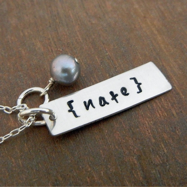 Personalized Name Necklace, Hand Stamped Sterling Silver Charm, Pearl ELLA Necklace by E. Ria Designs