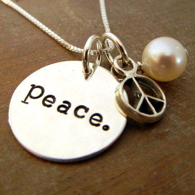 PEACE charm necklace, SURRENDER hand stamped necklace, sterling silver by E. Ria Designs