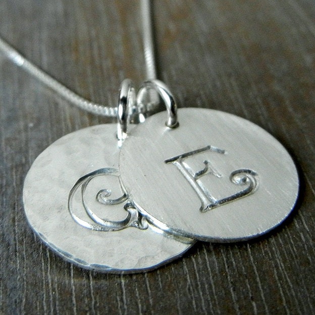 Two Initial Necklace Double Charm Sterling Silver Hand Stamped