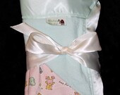 On sale - oversized Flannel Baby Blanket  - pastel pink and green bedtime bears