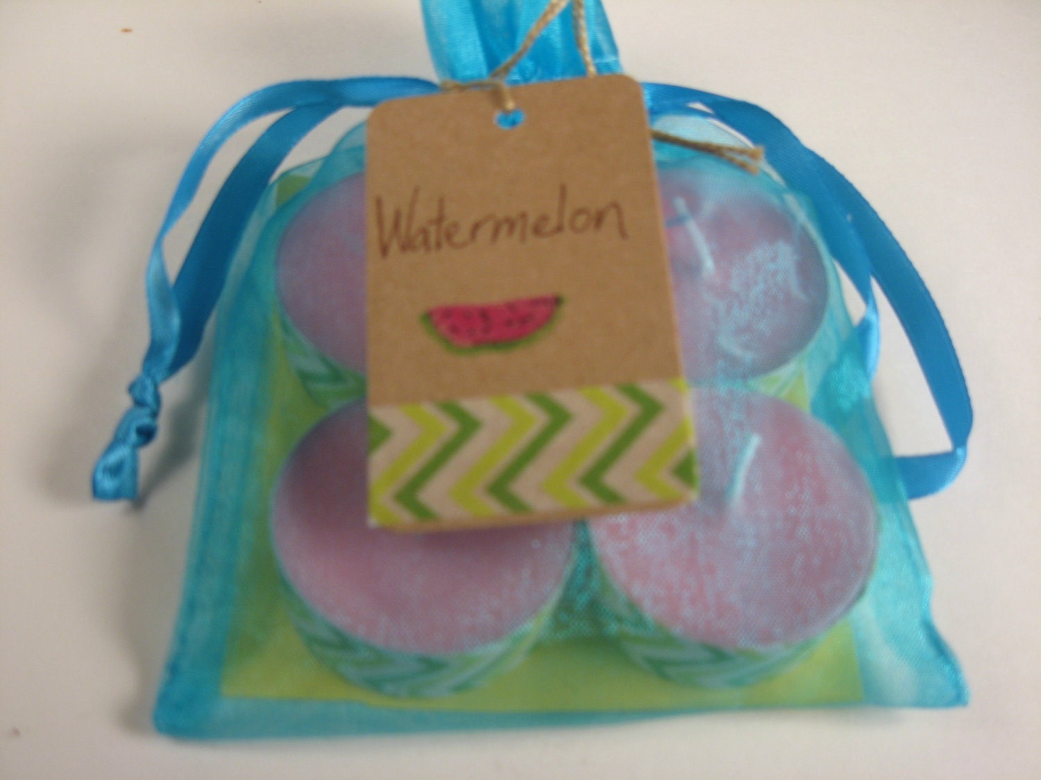 Tea Light Candles, Watermelon Scented, soy wax, 4 pack, decorated, pink and green, stripes
