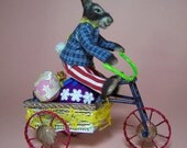 Easter Bunny on his bicycle - polymer clay miniature animal by CWPoppets