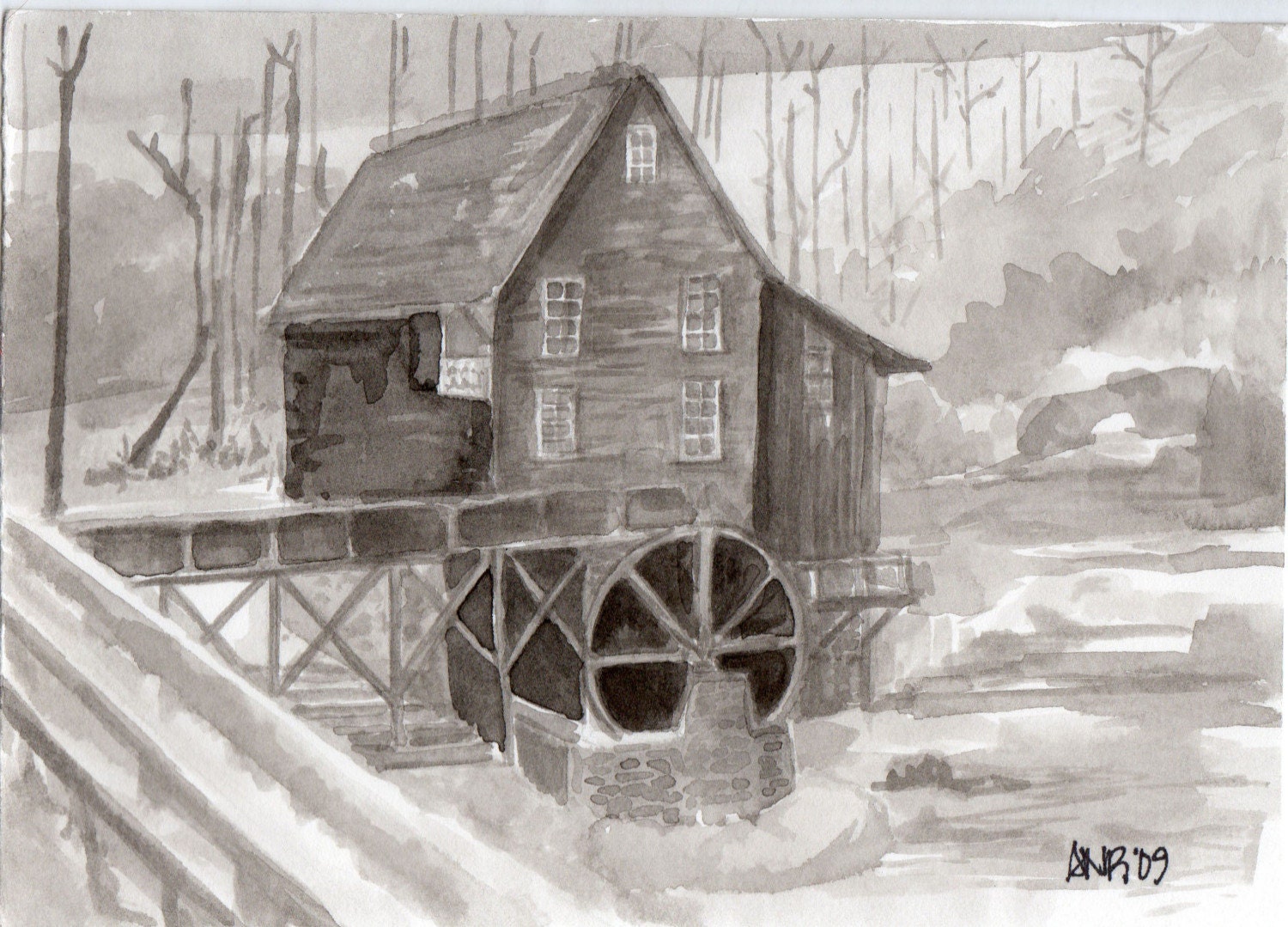Grist Mill, original india ink drawing