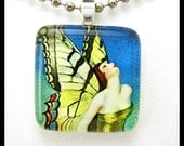 Butterfly woman.  Glass pendant with ballchain necklace