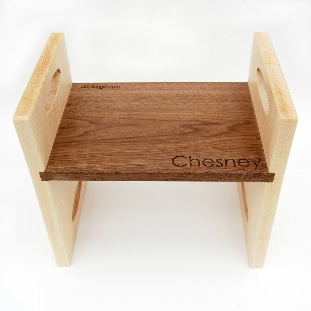 personalized modern kids step stool, walnut and maple double sided wooden stool with carrying handles