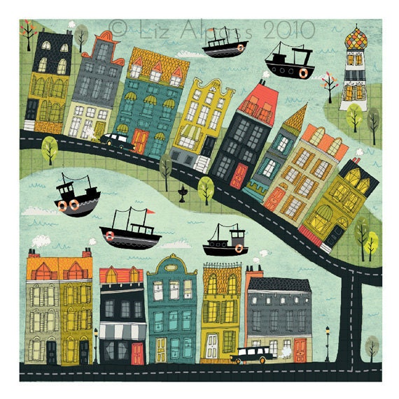 Bord De La Mer - 2 Art print Illustration design bay Amsterdam lighthouse quirky houses town city colourful orange lime teal green