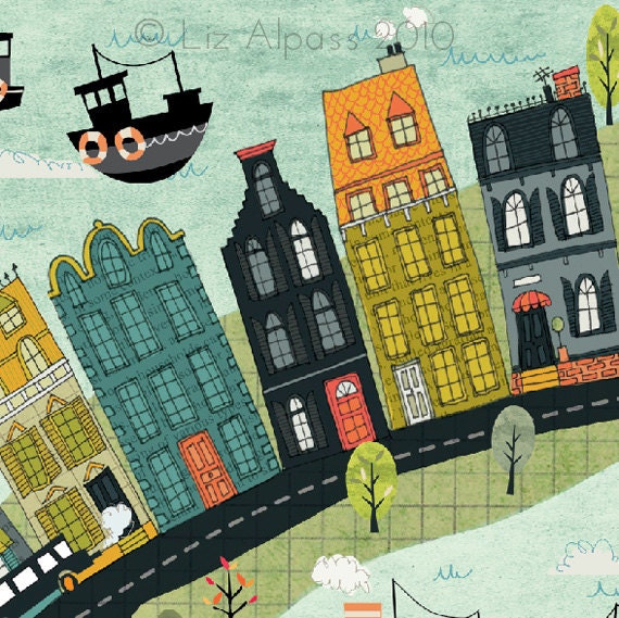 Bord De La Mer - 1 Art print Illustration design drawing house houses buildings windmill boats city bright orange lime mustard quirky
