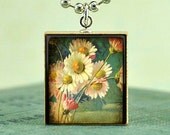 Scrabble Tile Art Pendant -Daisy Bouquet Vintage-Whimsy Series- Scrabble Jewelry Charm- Free Silver Ball Chain Necklace