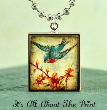 Scrabble Piece Necklace- Vintage Blue Swallow- Scrabble Pendant Jewelry- Free Silver Ball Chain Necklace