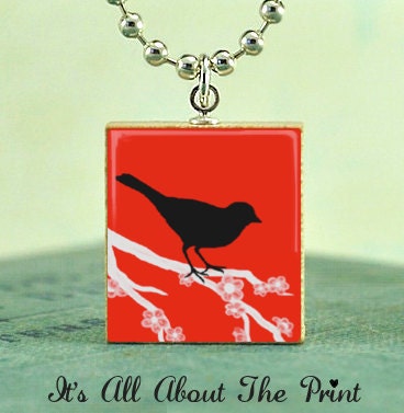Scrabble Game Tile Jewelry -Little Black Birdie- Scrabble Pendant Charm- Free Silver Ball Chain Necklace