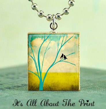 Scrabble Tile Art Pendant -2 LITTLE BIRDS- Scrabble Jewelry Charm- Free Silver Ball Chain Necklace
