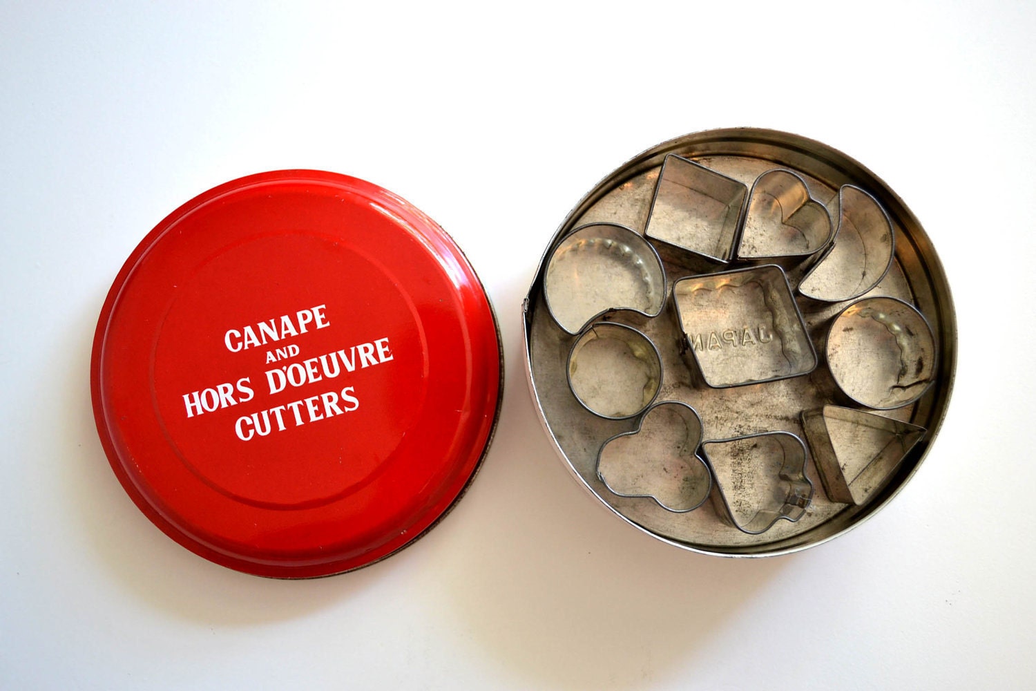Mid Century Canape and Hors D'Oeuvre Cutters Set in Round Red Tin - Japan - Miniature Cookie Cutters