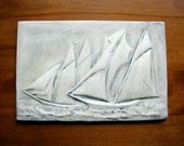 America's Cup Yacht Bas Relief Art Tile (8 x 12) Gray Blue Marble 2