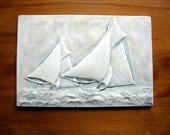 America's Cup Yacht  Bas Relief Art Tile (8 x 12) Gray Blue Marble 3