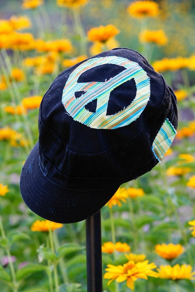 Military Style Cap with Green Stripe Peace Symbol