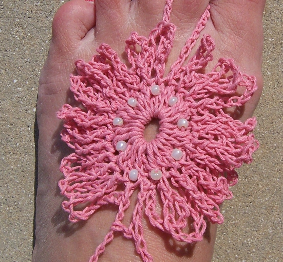 Barefoot Sandals Pink Fingerless Gloves Beaded Pearl Crochet, Beach wear, Wedding, Victorian, Lace, Yoga, Pool